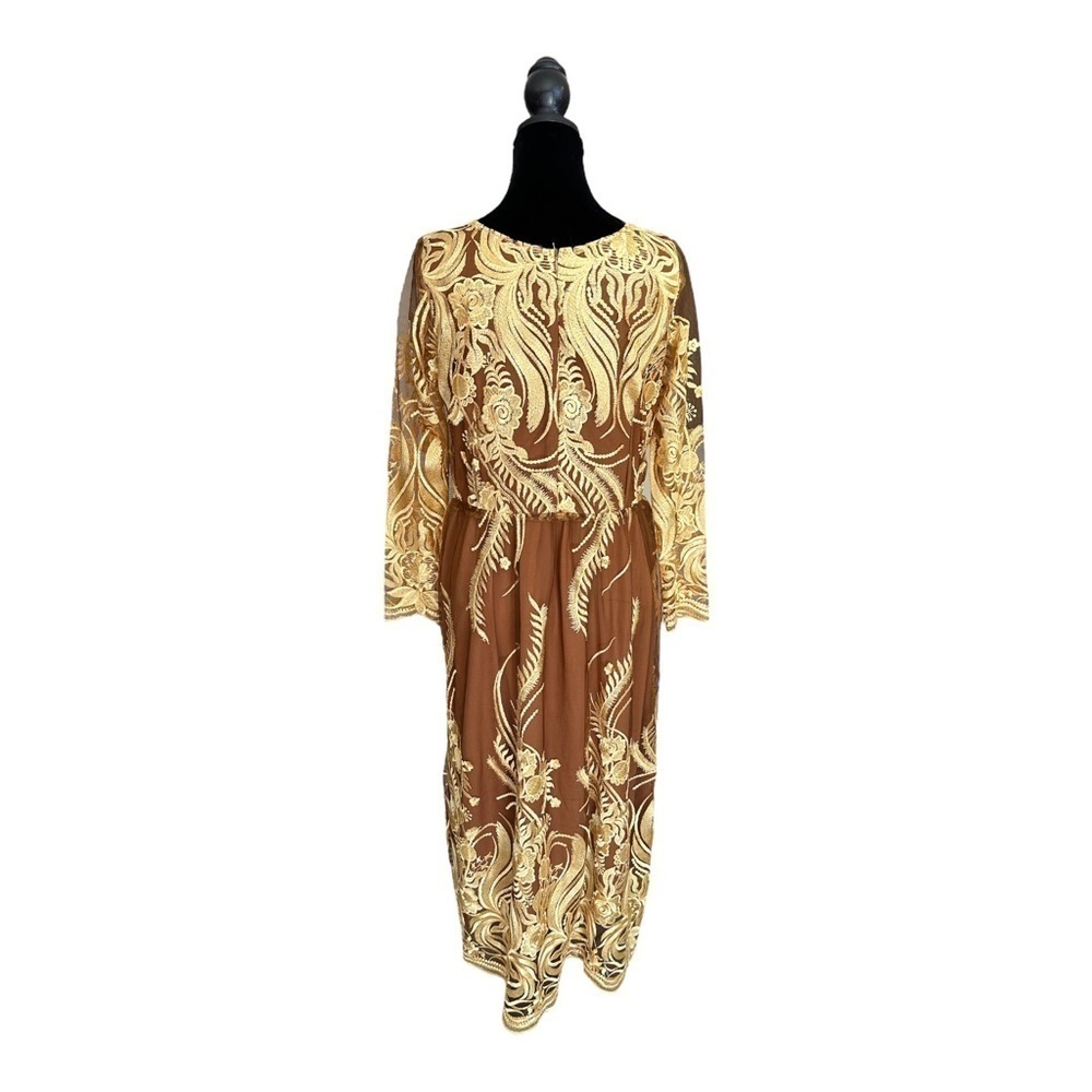 Custom Made Lace Tan & Gold Floral Dress Sun Goddess Cottagecore Apprx Sz L/XL - Picture 5 of 8